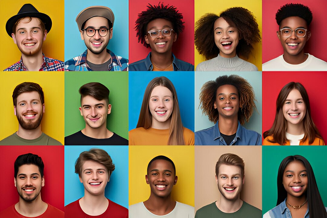 Des jeunes qui sourient, chacun sur un fond de couleur