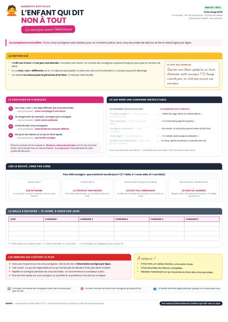 Aperçu de la fiche récapitulative A4 « L’enfant qui dit non à tout »