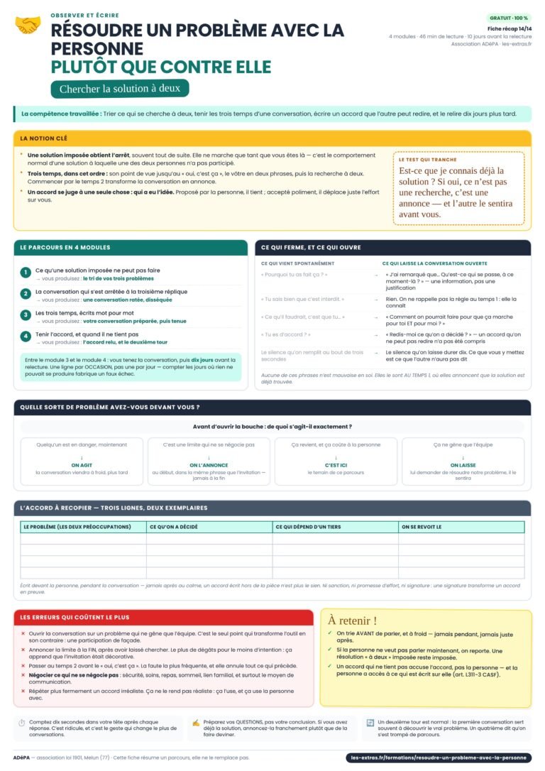 Aperçu de la fiche récapitulative A4 « Résoudre un problème avec la personne plutôt que contre elle »